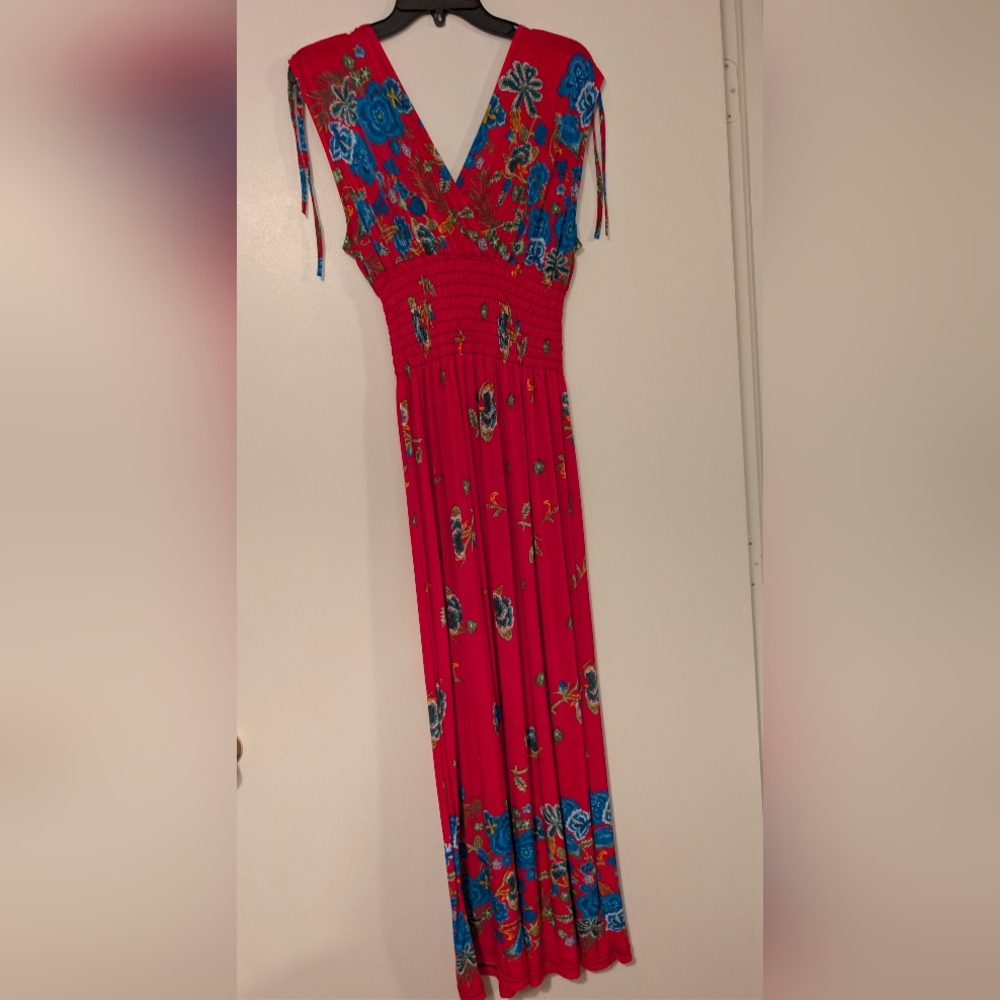 Red & Blue Floral Boho Maxi Dress Smocked Waist XL Soft